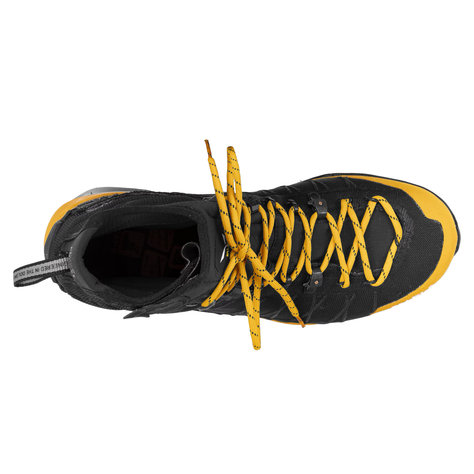 Black and yellow hiking boot with Salewa branding on a white background