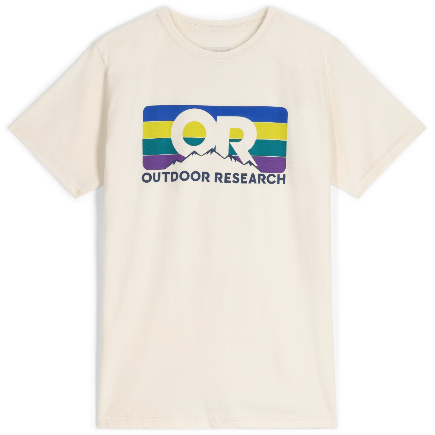 Outdoor Research Advocate Stripe Tee in sand/sulphur colour with a striped colourful logo on the chest