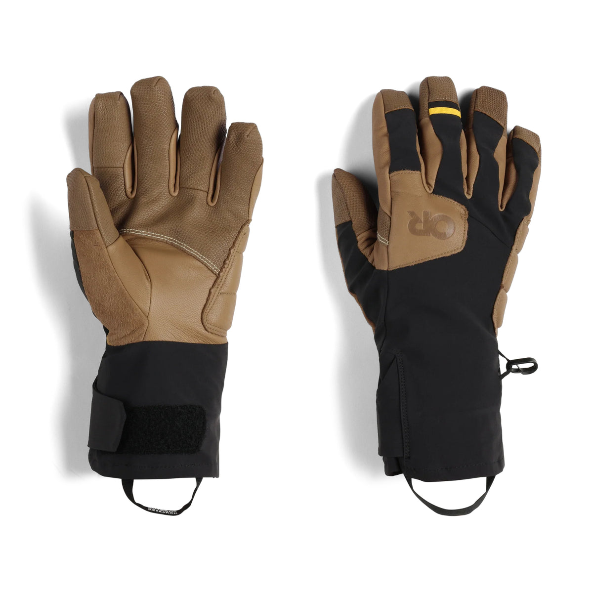Pair of brown and black gloves on a white background