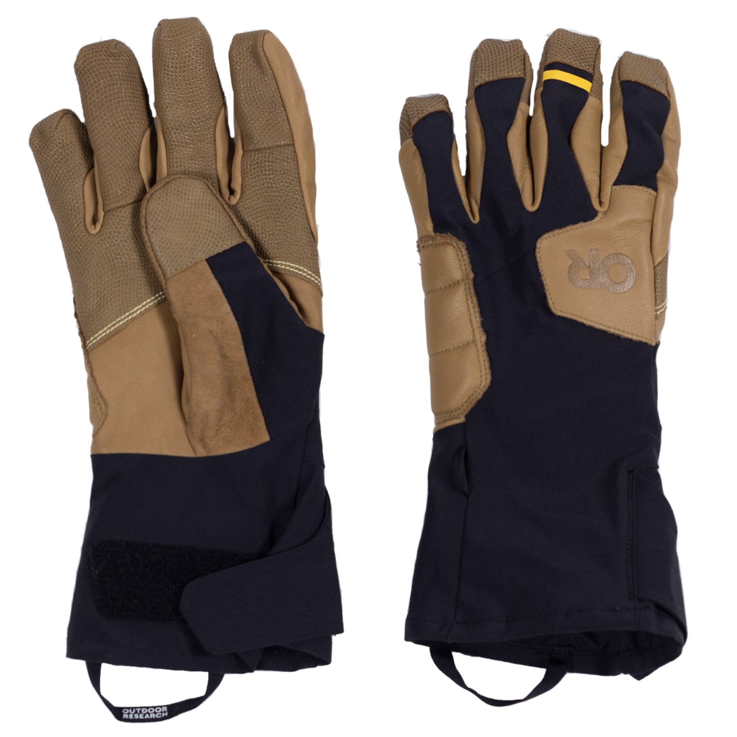 Pair of brown and black gloves on a white background
