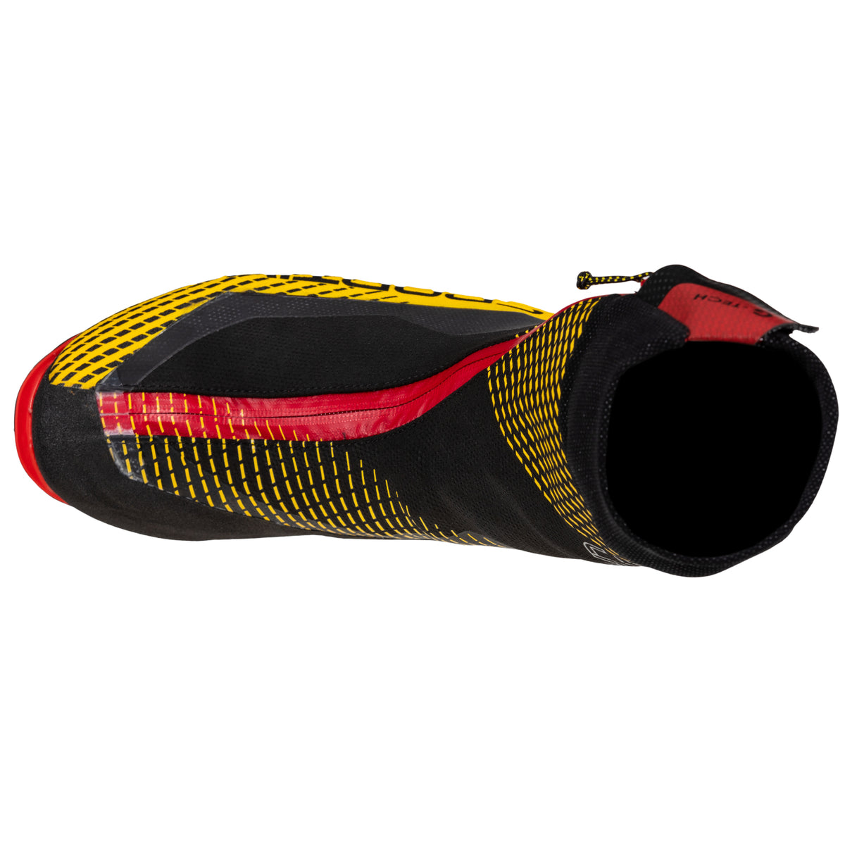 La Sportiva G-Tech mountaineering boots in black red and yellow, from above