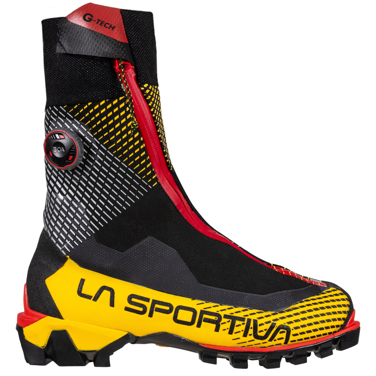 La Sportiva G-Tech mountaineering boots in black red and yellow, showing side on showing boa
