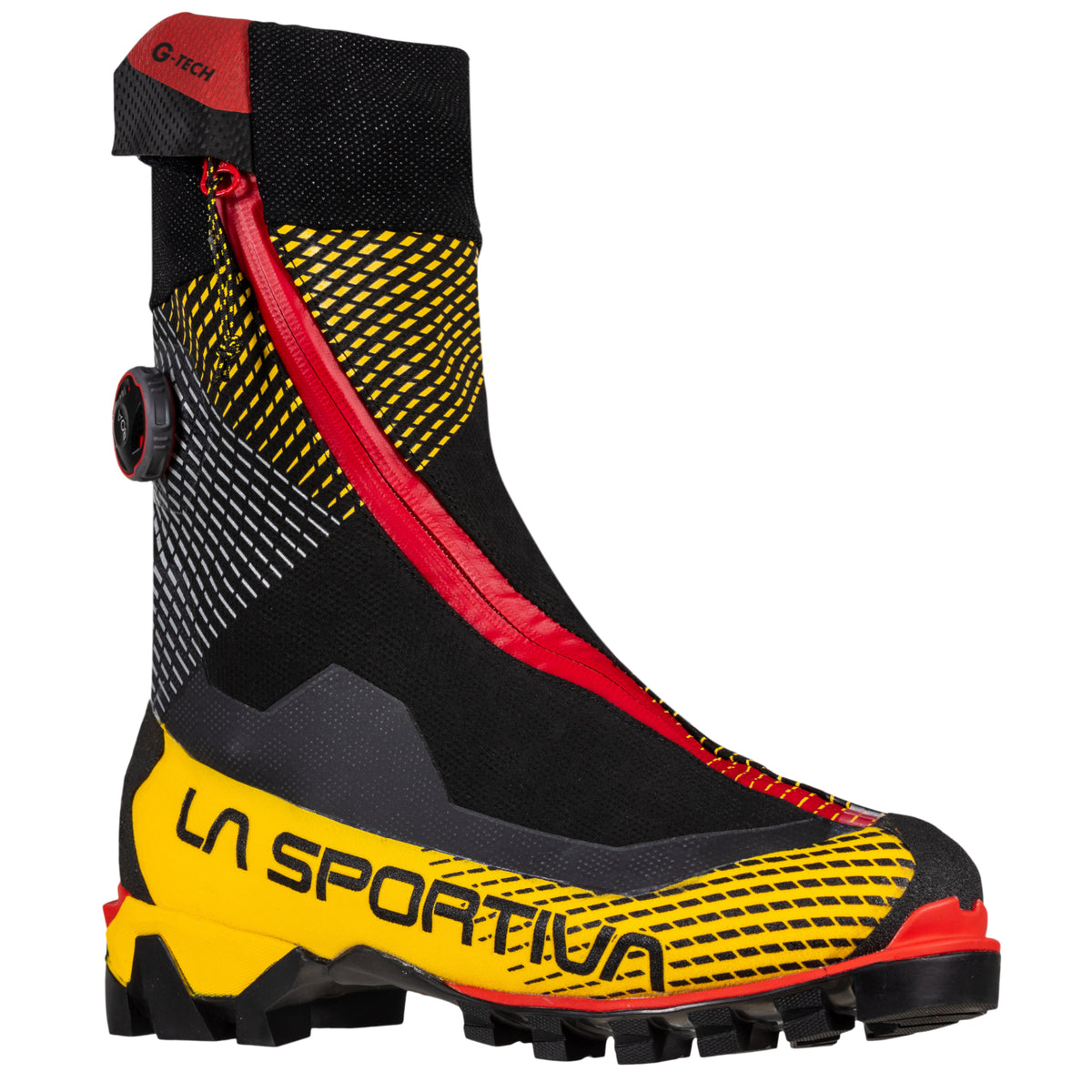 La Sportiva G-Tech mountaineering boots in black red and yellow, showing side on
