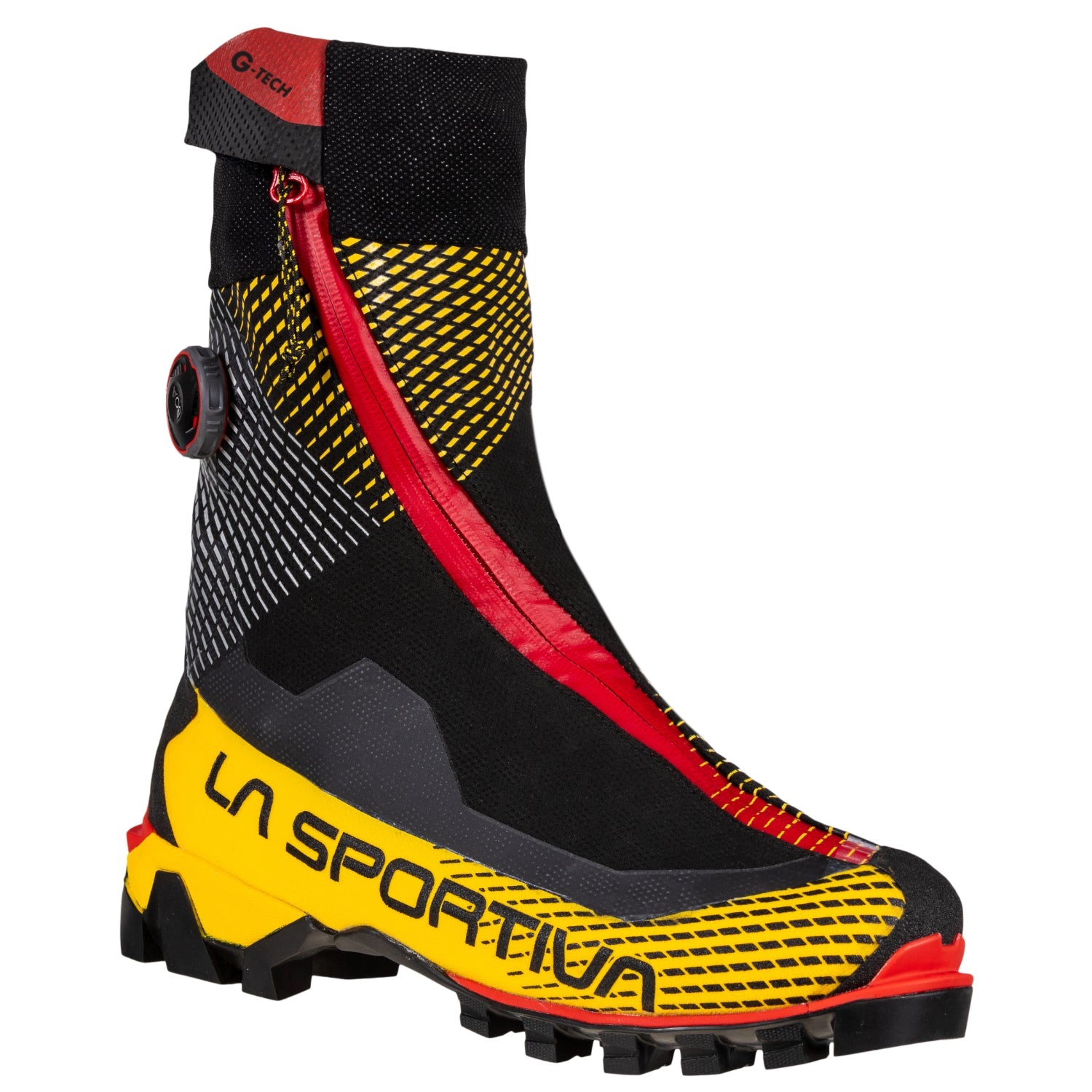 La Sportiva G-Tech mountaineering boots in black red and yellow, showing side on