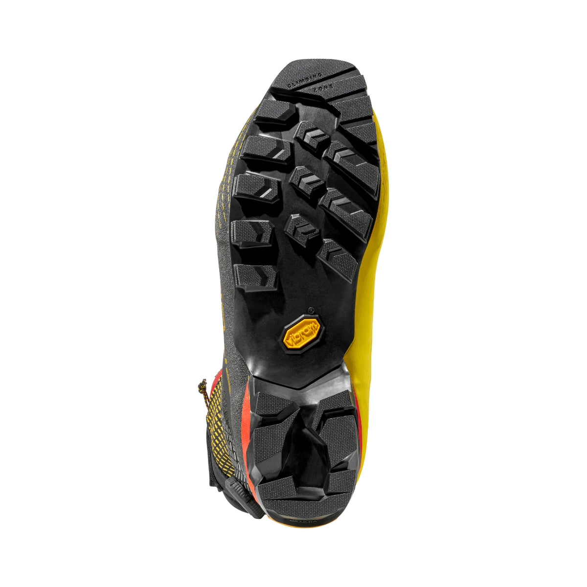 La Sportiva G-Summit mountaineering boots in black yellow and red, showing sole unit