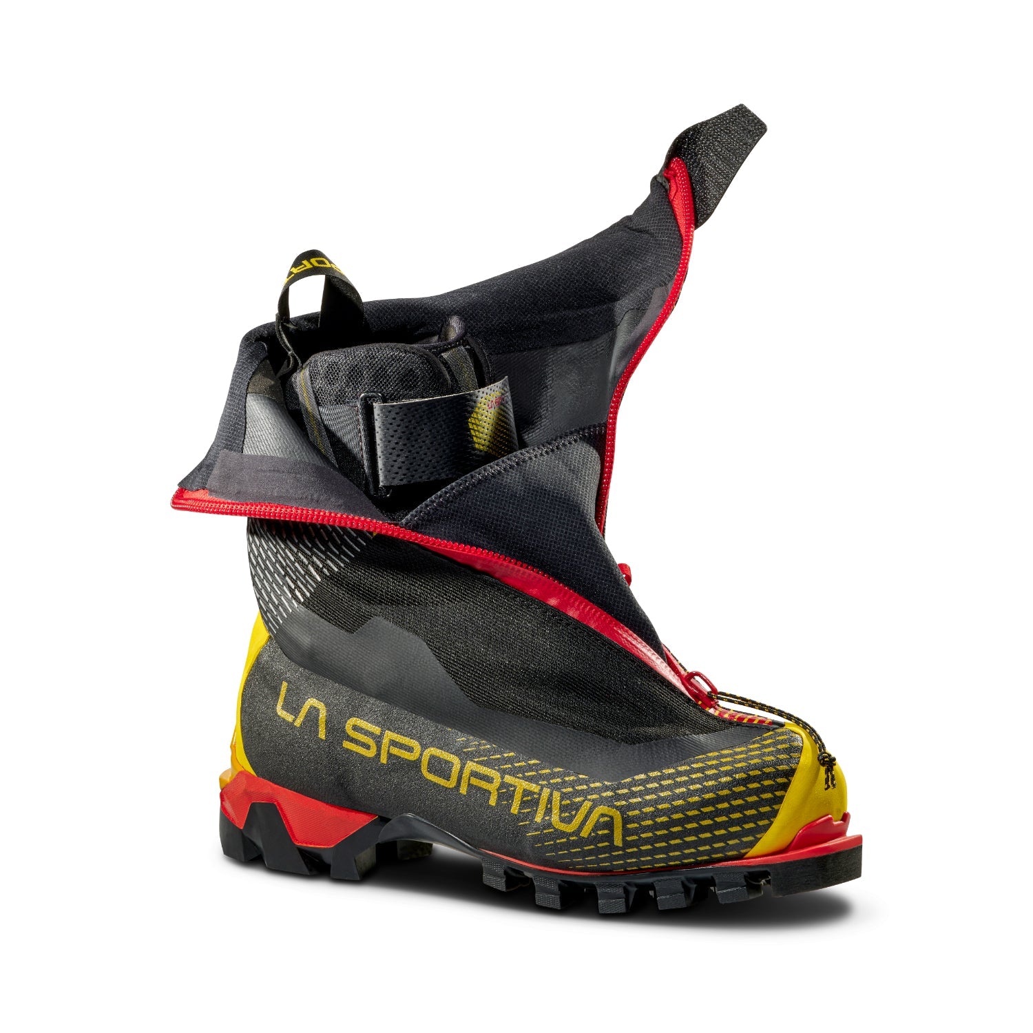 La Sportiva G-Summit mountaineering boots in black yellow and red.