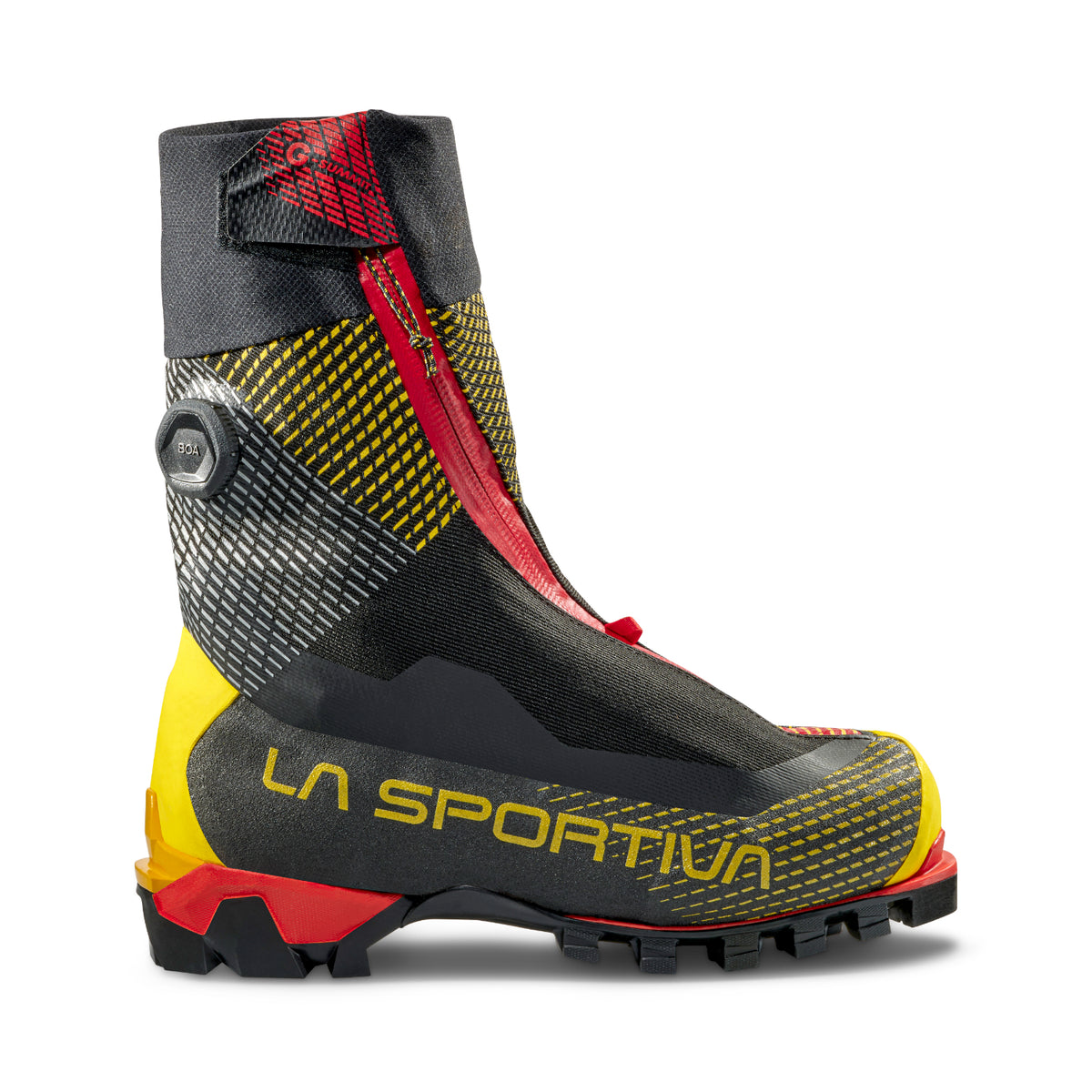 La Sportiva G-Summit mountaineering boots in black yellow and red.