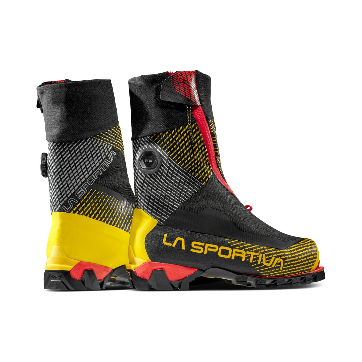 La Sportiva G-Summit mountaineering boots in black yellow and red.