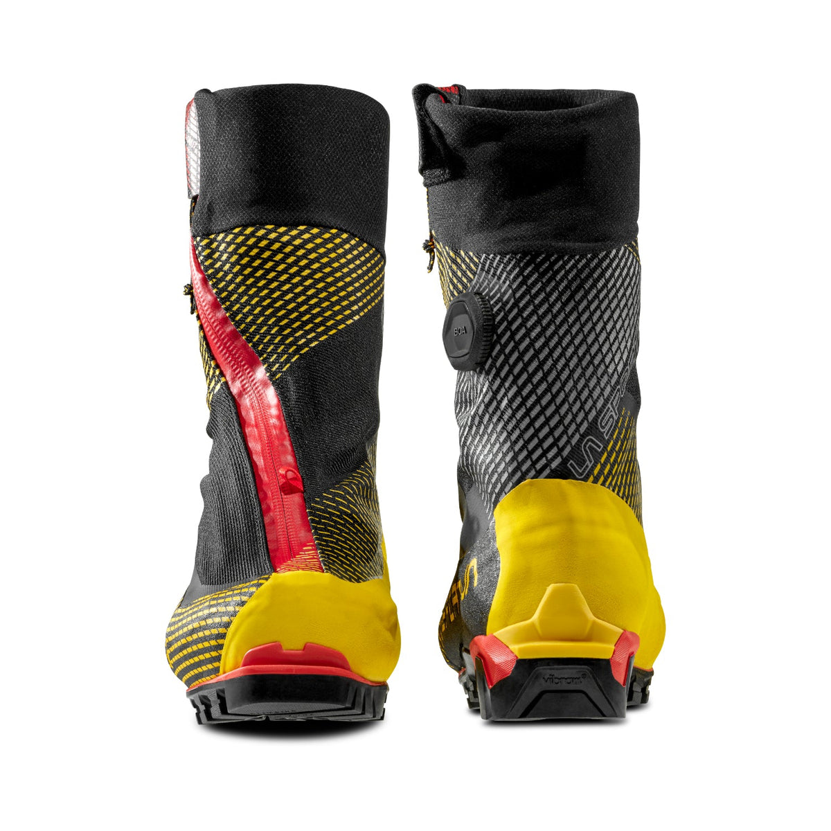 La Sportiva G-Summit mountaineering boots in black yellow and red.