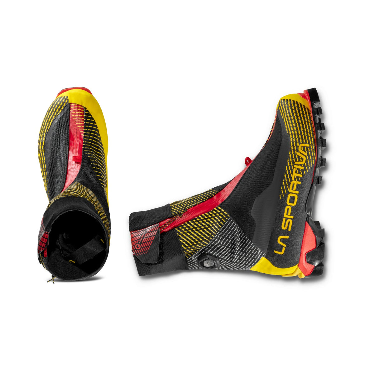 La Sportiva G-Summit mountaineering boots in black yellow and red.