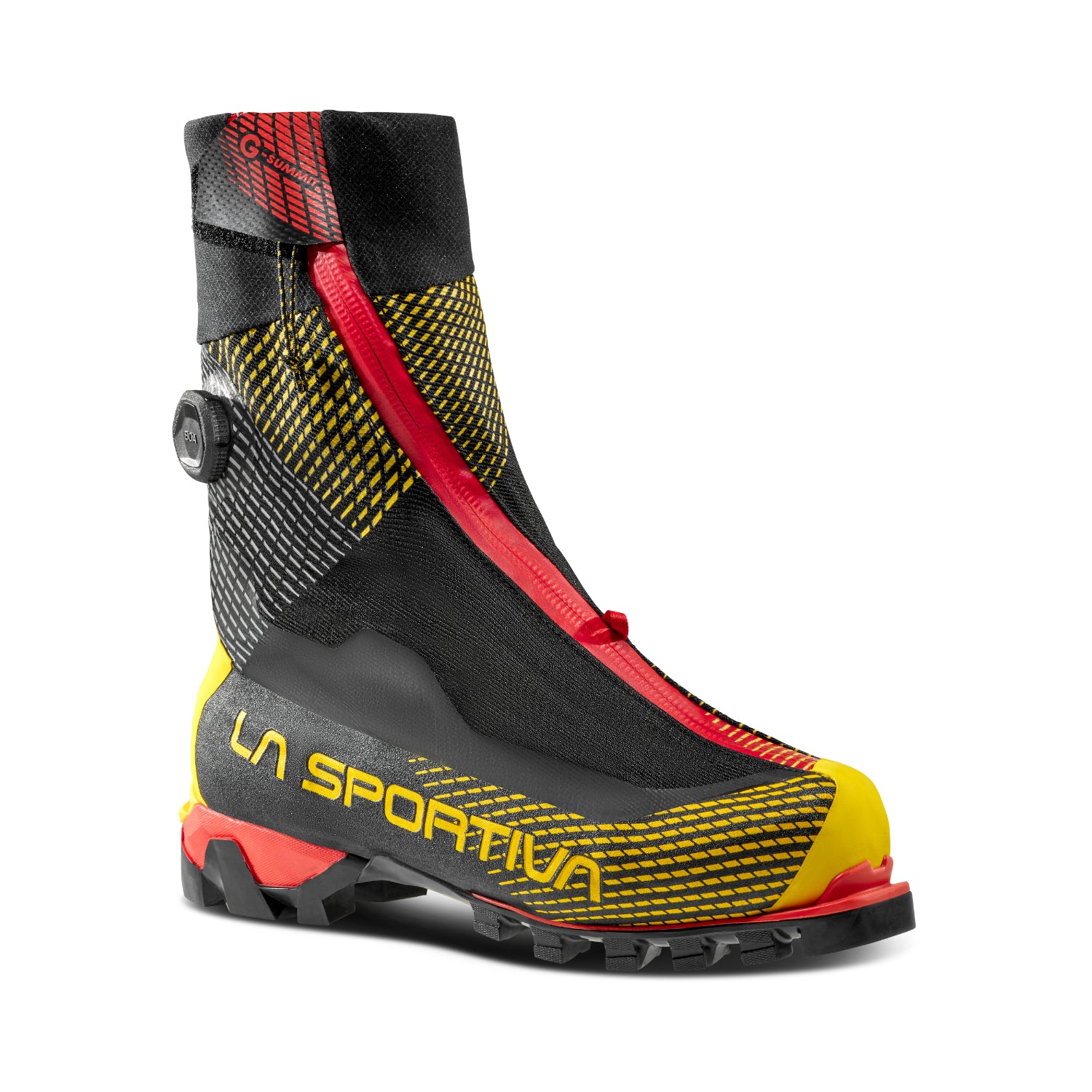 La Sportiva G-Summit mountaineering boots in black yellow and red.