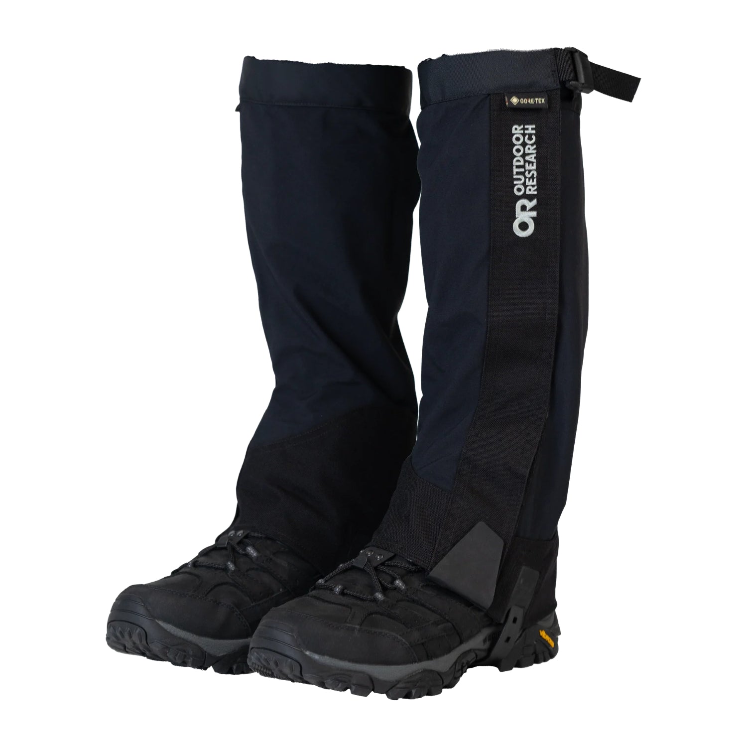 Black gaiters with visible 'Outdoor Research' logo on a white background
