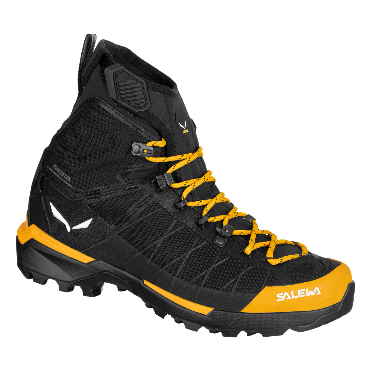 Black and yellow hiking boot with Salewa branding on a white background