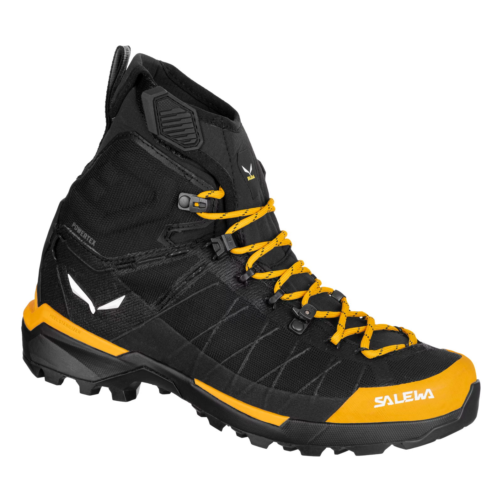 Black and yellow hiking boot with Salewa branding on a white background