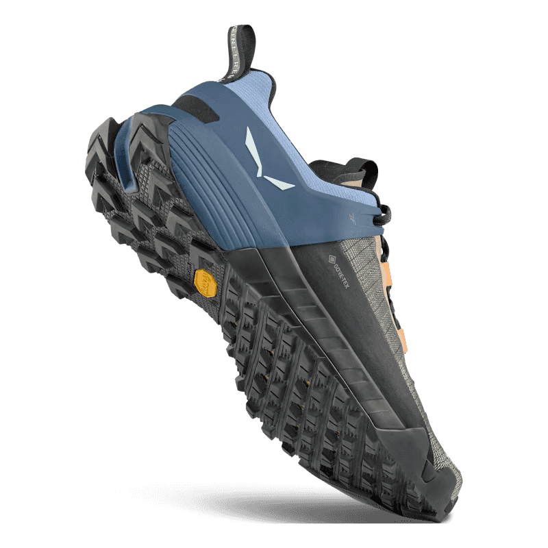 Hiking shoe with blue and gray sole on a transparent background