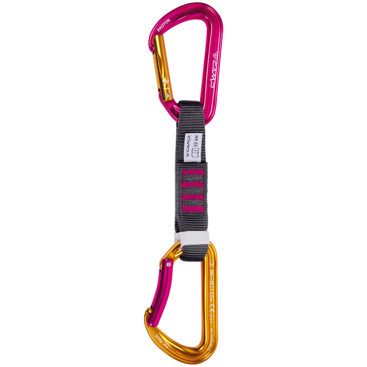 Two carabiners with a strap on a white background