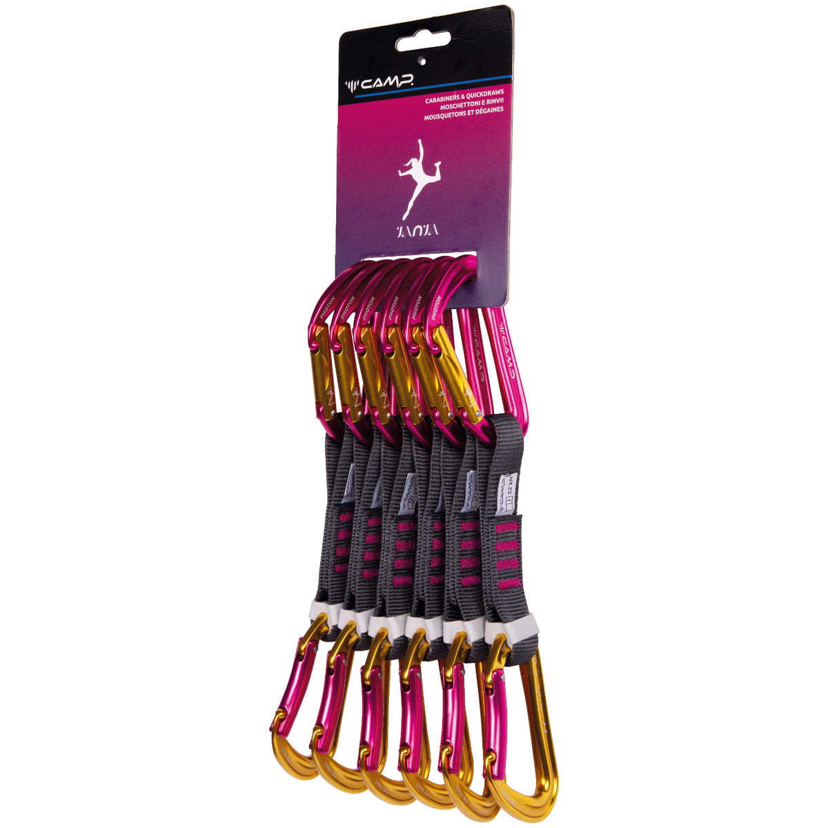 Set of six carabiners with pink and gold hooks on a white background
