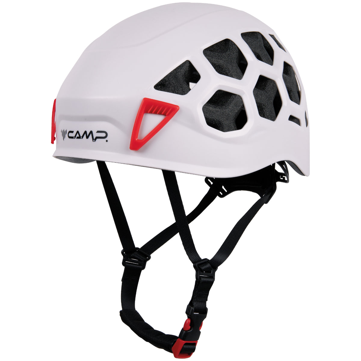 White climbing helmet with black geometric patterns and red accents on a white background