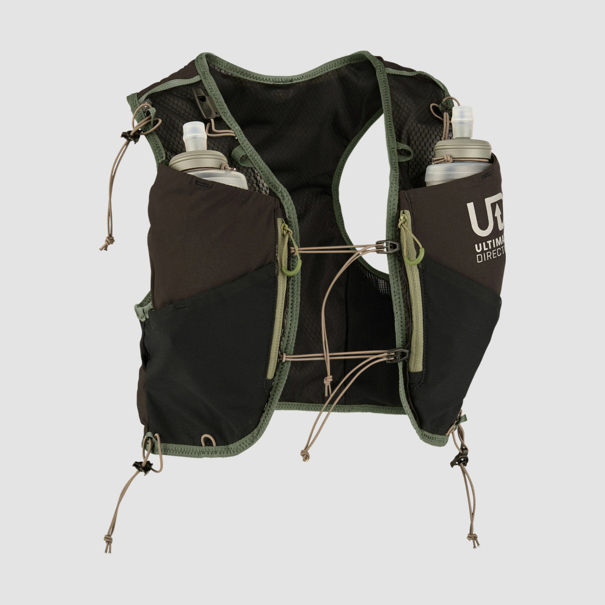Black and green running vest with water bottles on a light gray background
