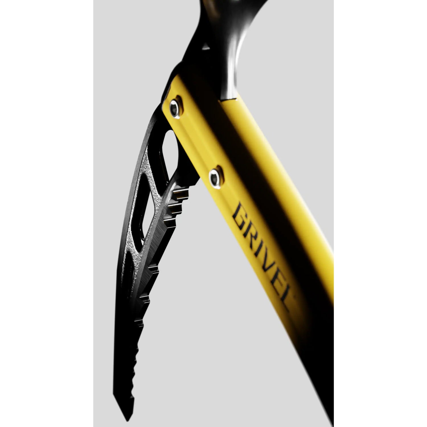 A yellow and black ice axe with a curved aluminum head, black textured handle, and the brand name 'BRAYNE' printed vertically on the shaft, shown against a plain white background.