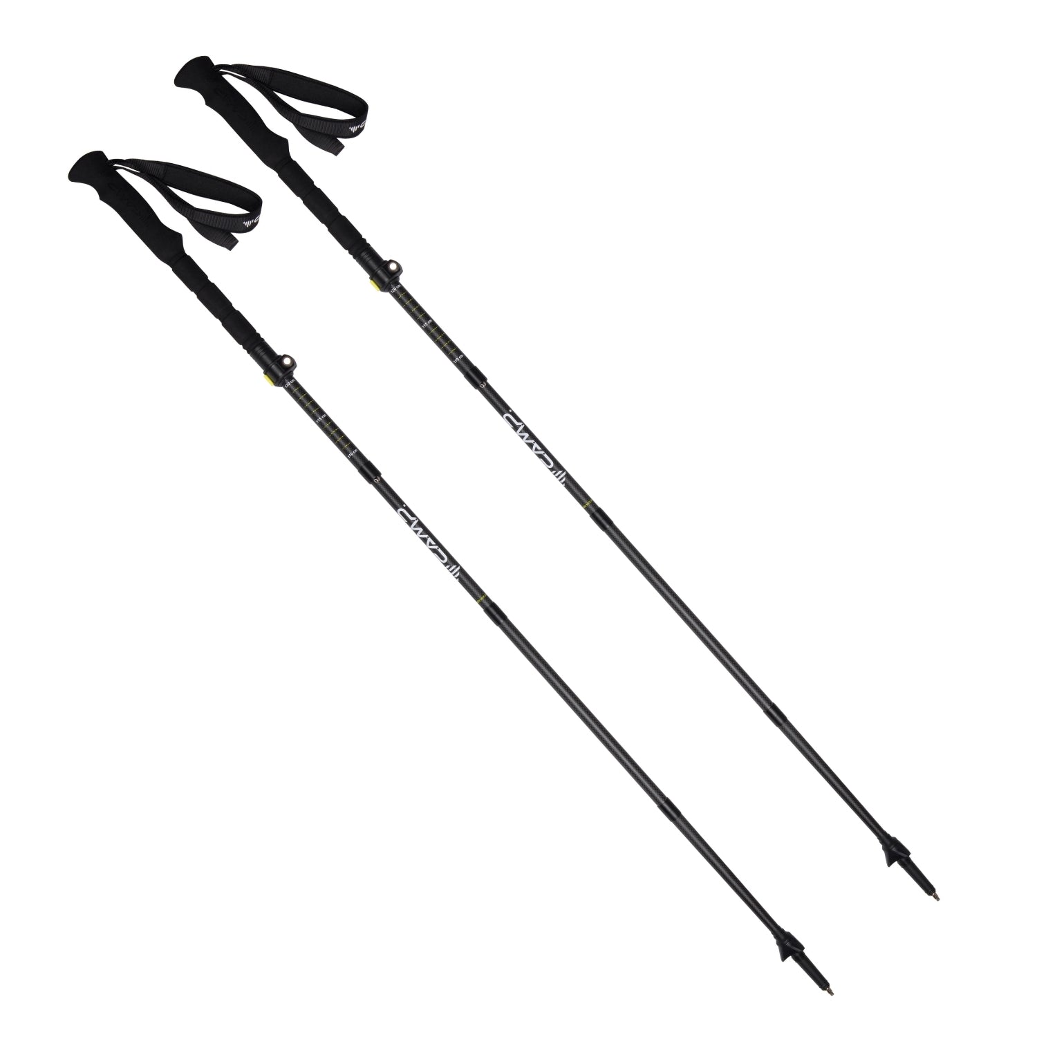 Two black hiking poles with adjustable shafts on a white background