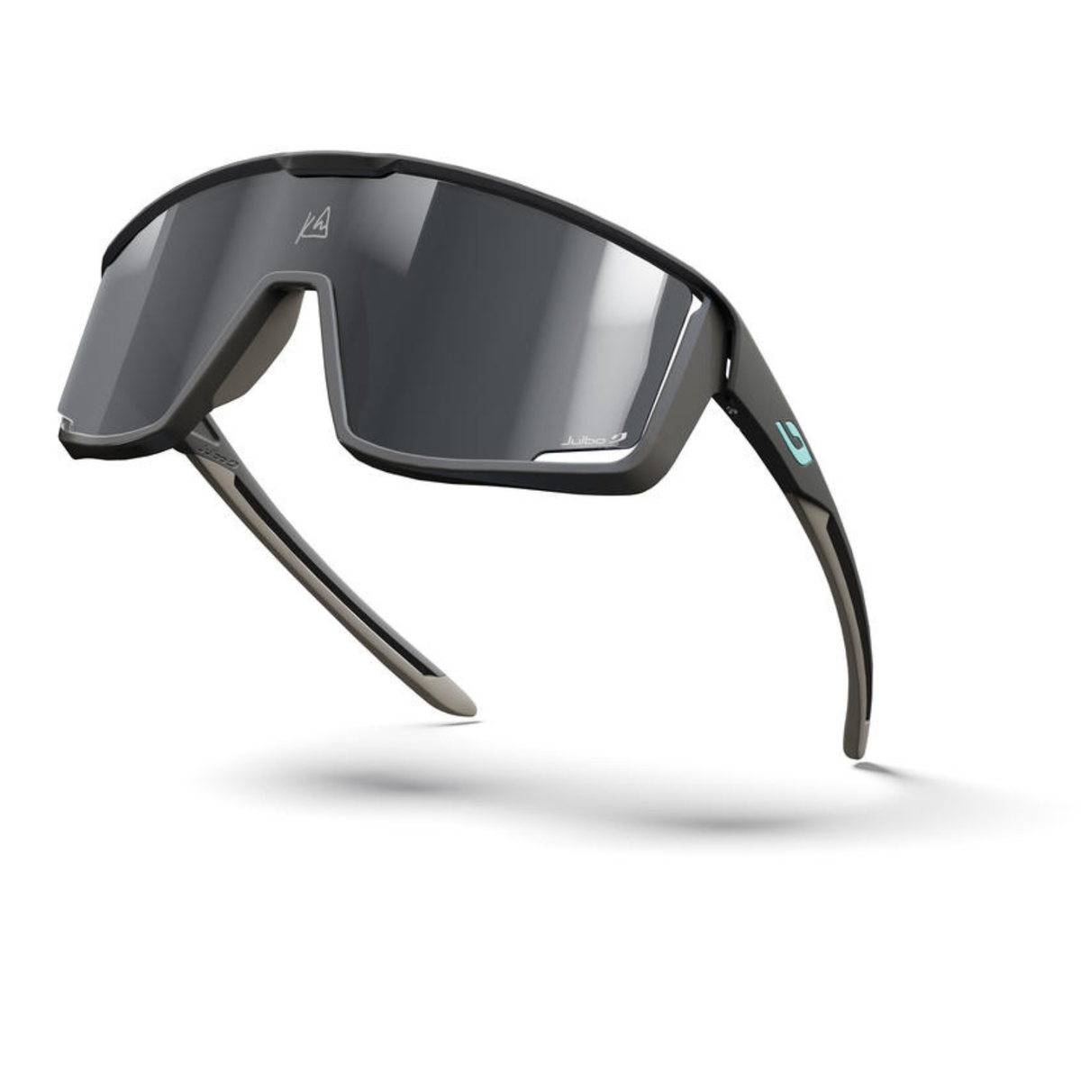 Black sunglasses with reflective lenses on a white background