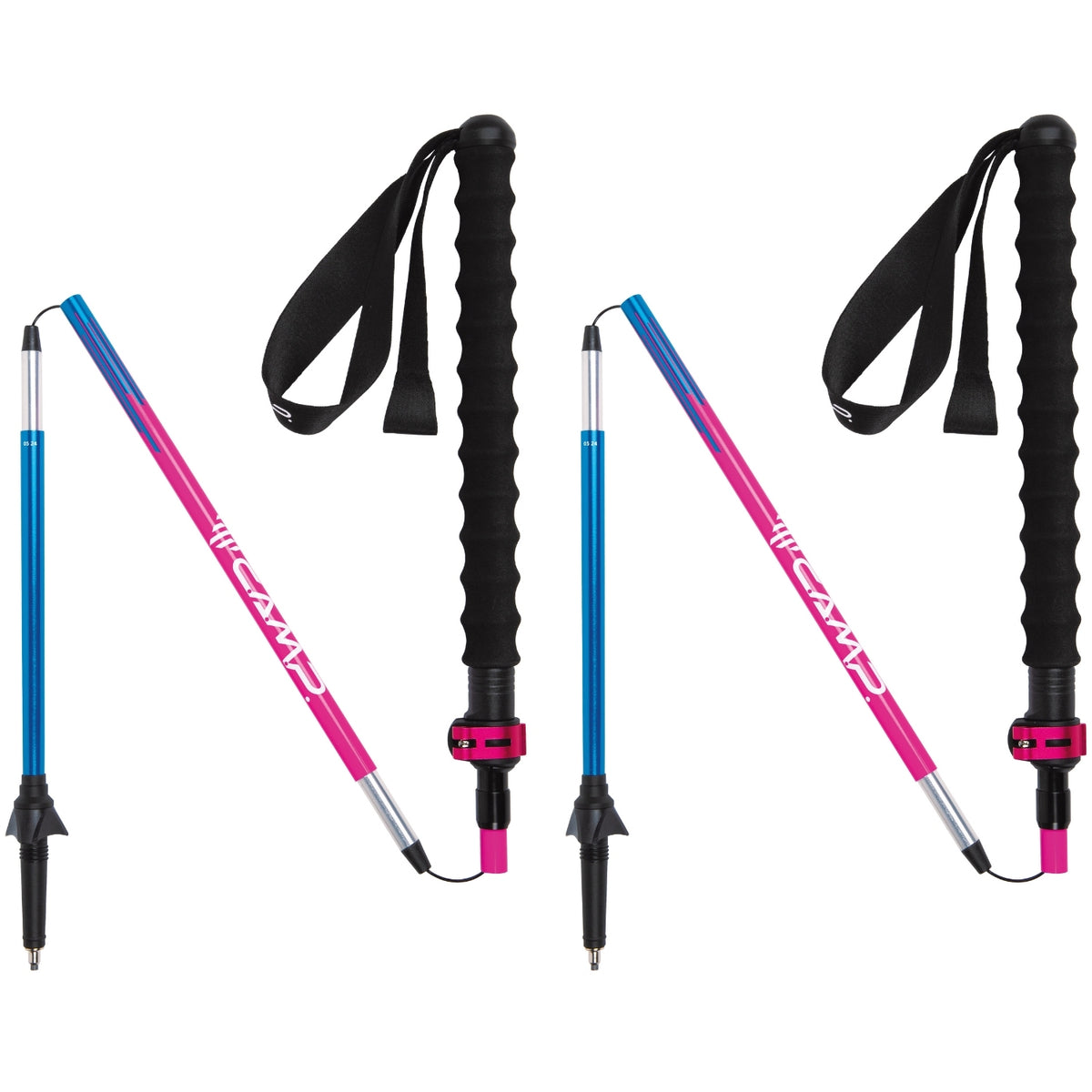 Pair of pink and blue hiking poles with black grips on a white background
