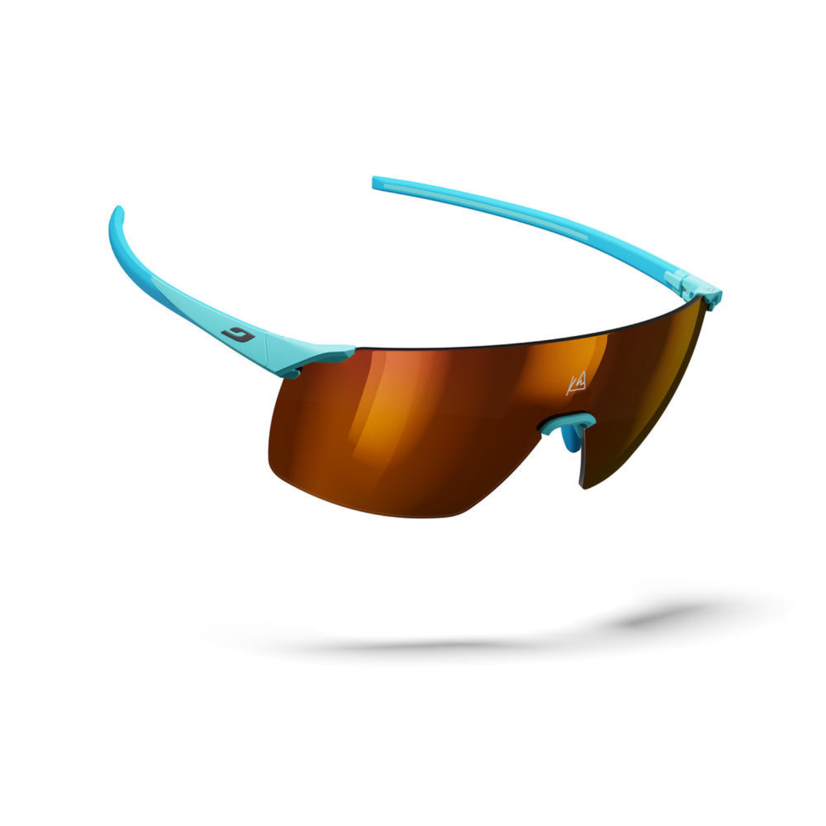 Sunglasses with blue frame and brown reflective lenses on a white background