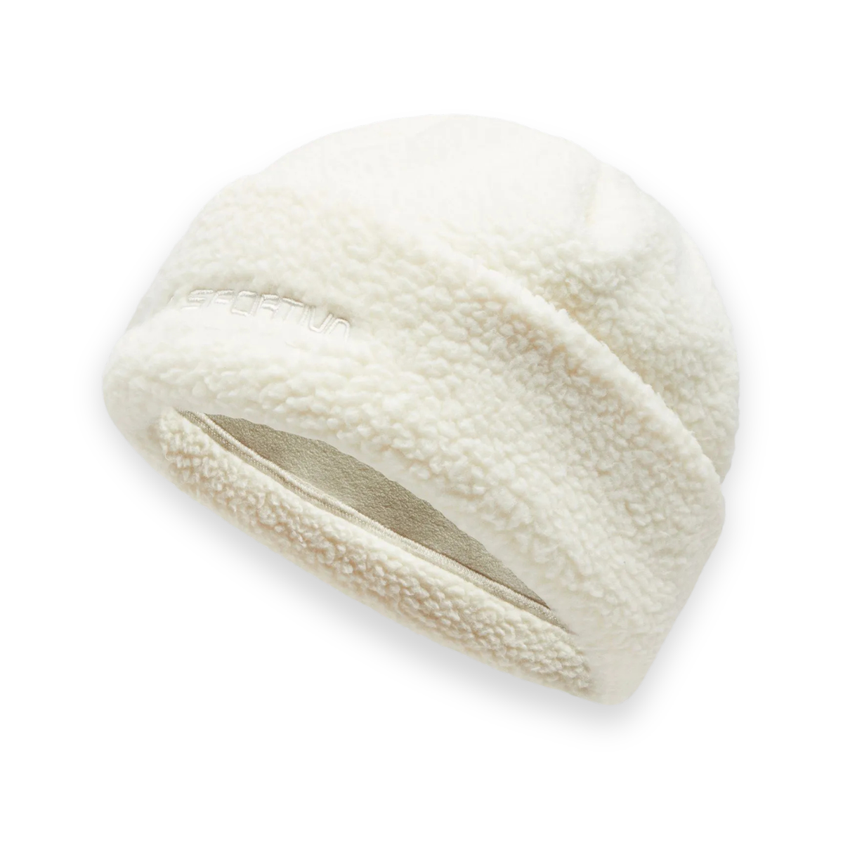 An off-white fleece beanie hat with a subtle tonal embroidered logo on the side, displayed on a clean white background.