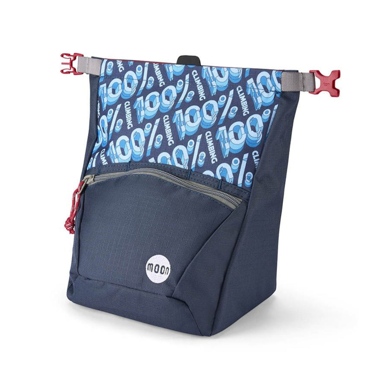 indigo chalk bag with colourful patterned front section on a white background