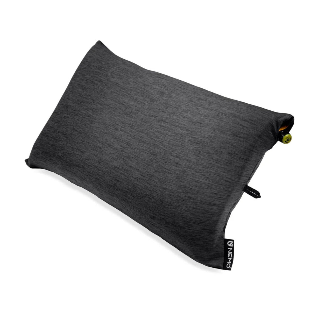 Gray travel pillow with brand logo on a white background