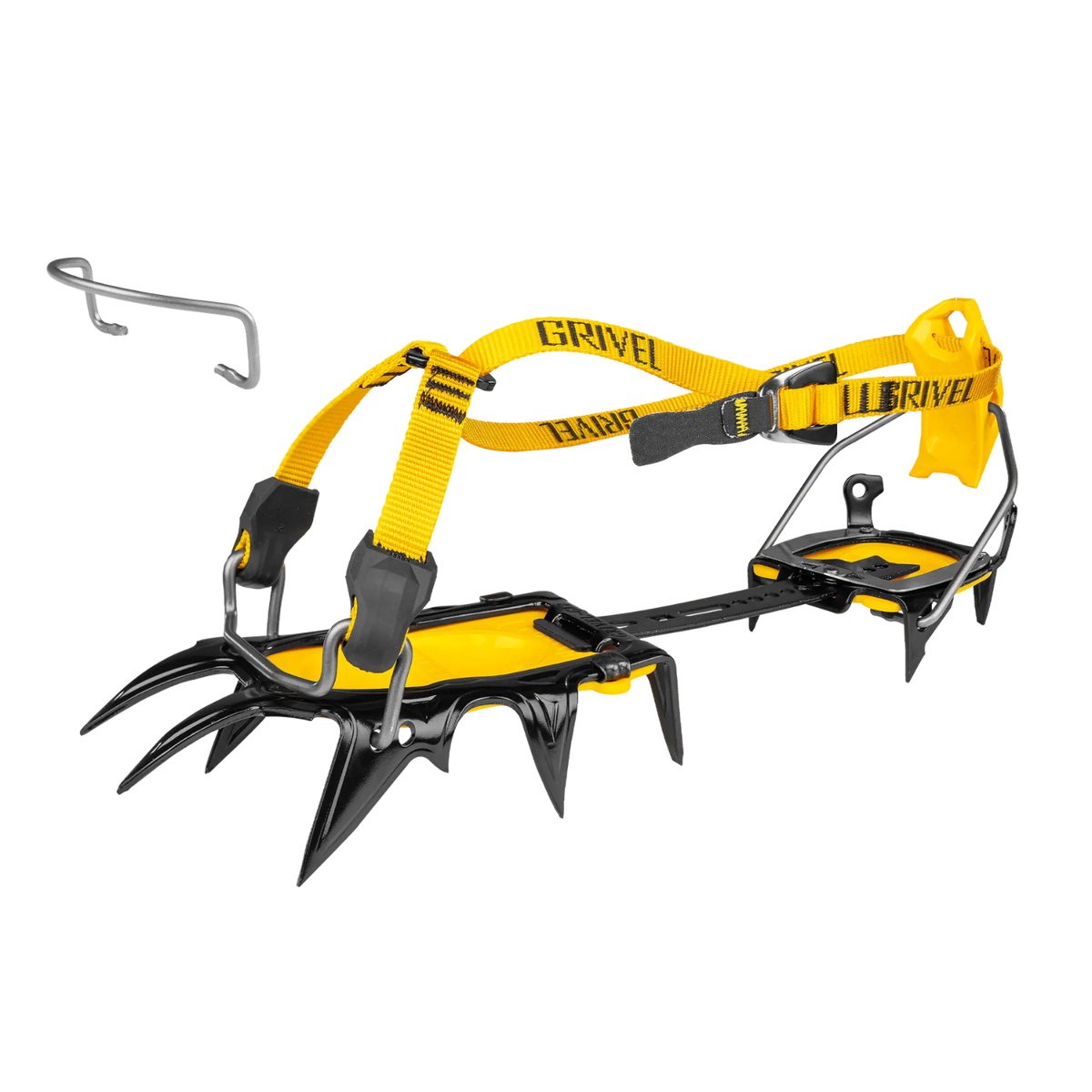 Yellow and black crampon with Grivel branding on a white background