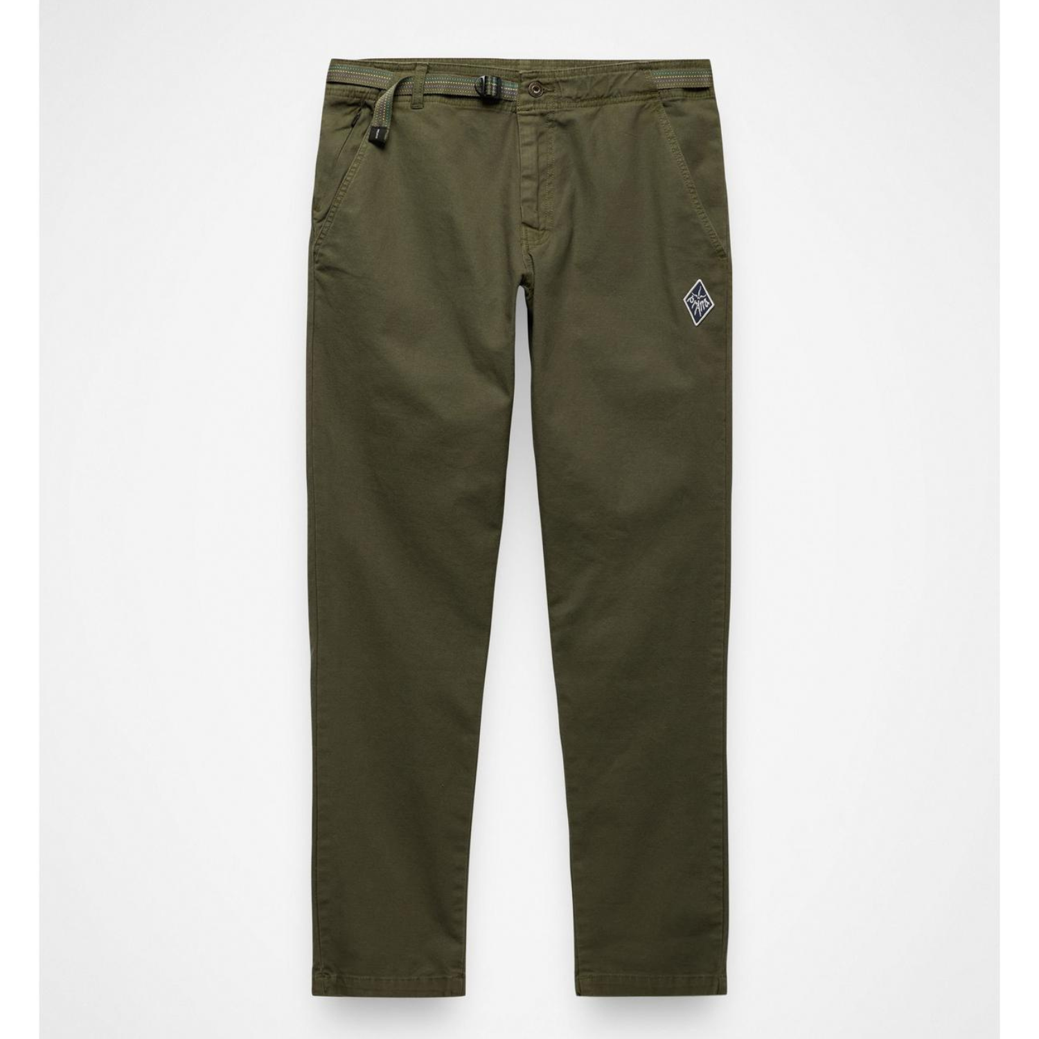 Olive green slim-fit pants with a small embroidered diamond logo on the left thigh, shown flat against a light gray background.