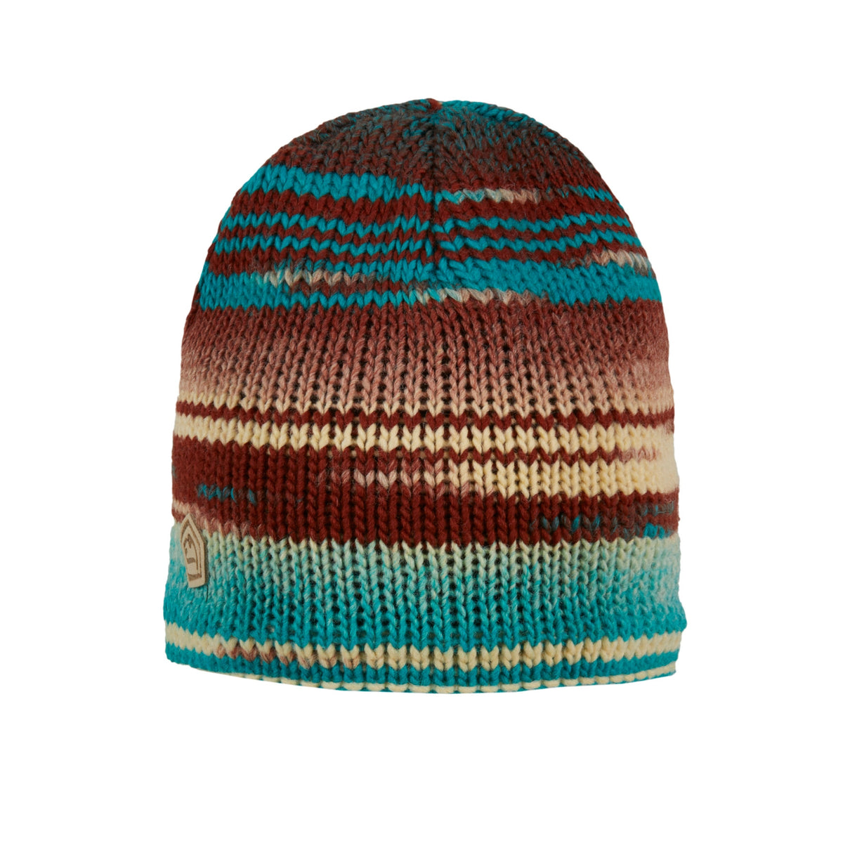 Striped knit beanie with brown, blue, and beige colors on a white background