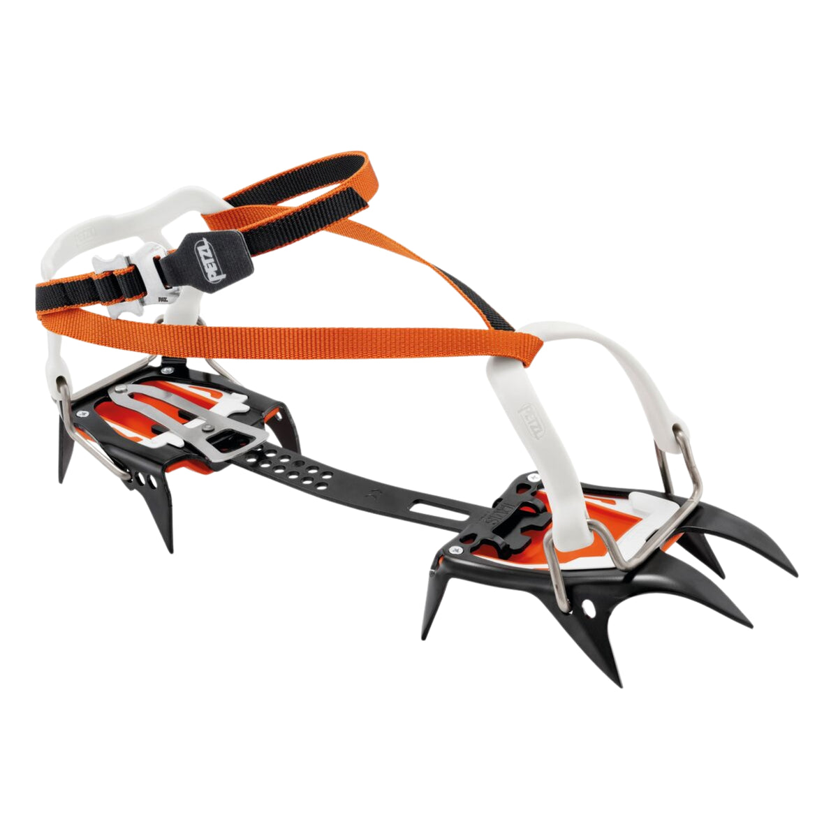 Ice climbing crampon with orange straps on a white background