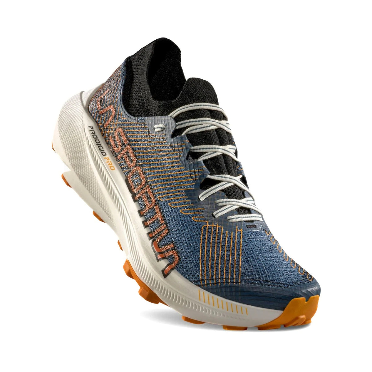 Blue and orange running shoe with white laces on a white background