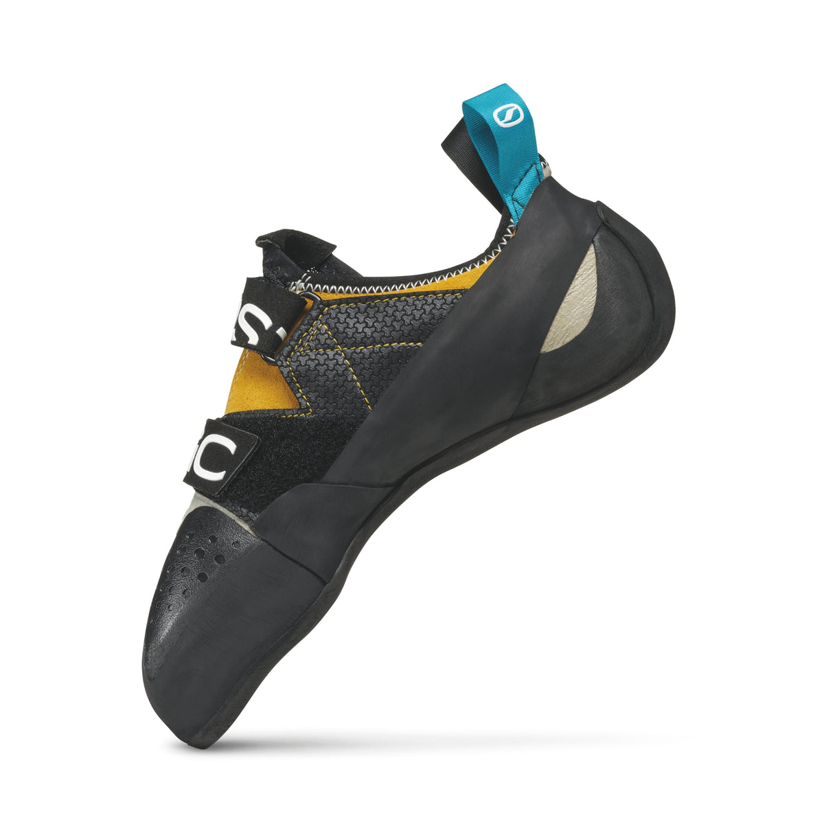 Black and yellow climbing shoe with blue strap on a white background