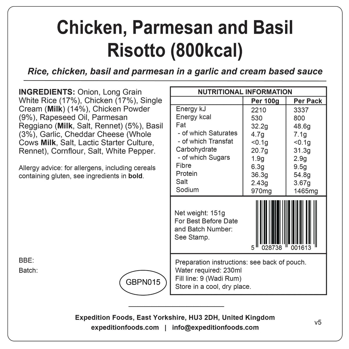 Expedition Foods Chicken, Parmesan and Basil Risotto (800kcal)
