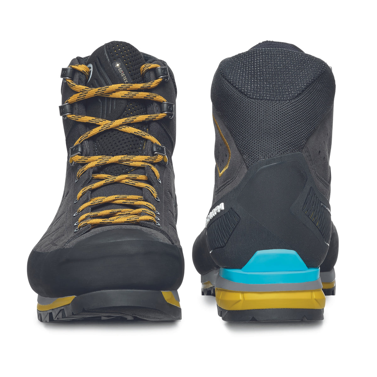 Scarpa Zodiac Tech GTX mens boots in anthracite sulphur colour. Showing toe box and heel