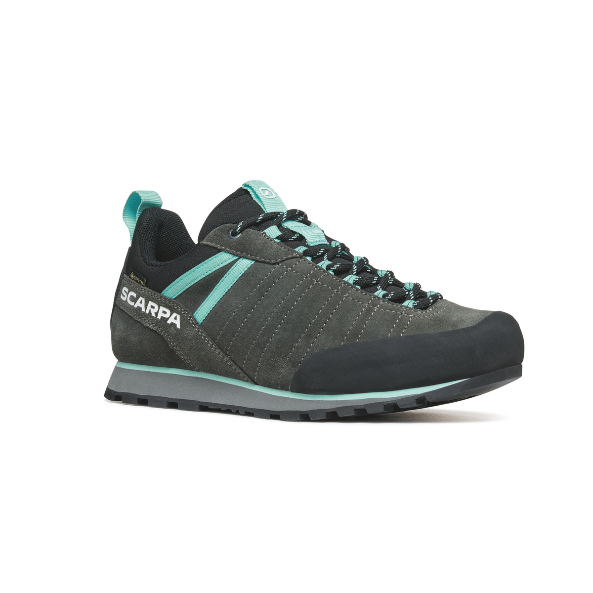 Grey and Aqua approach shoe with 'Scarpa' branding on a white background