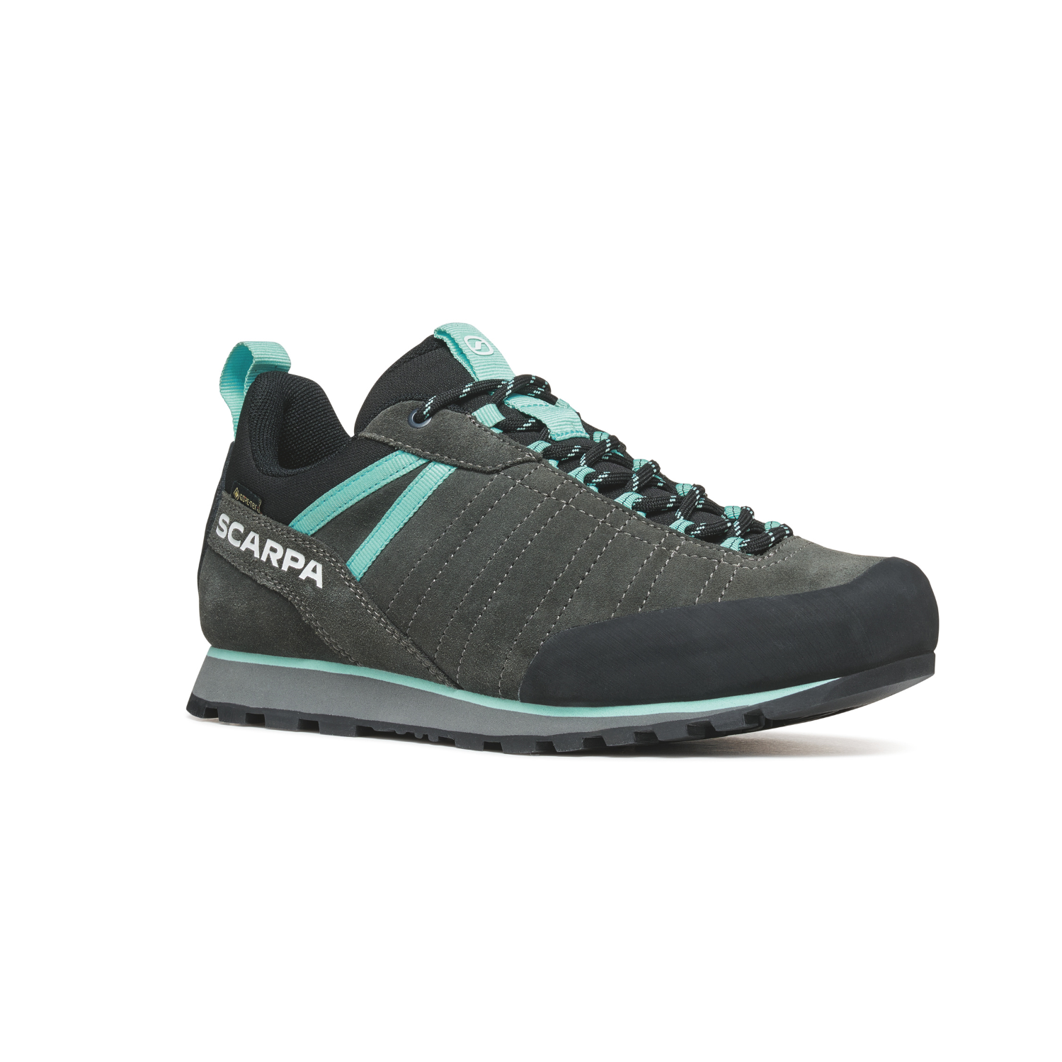Grey and Aqua approach shoe with 'Scarpa' branding on a white background