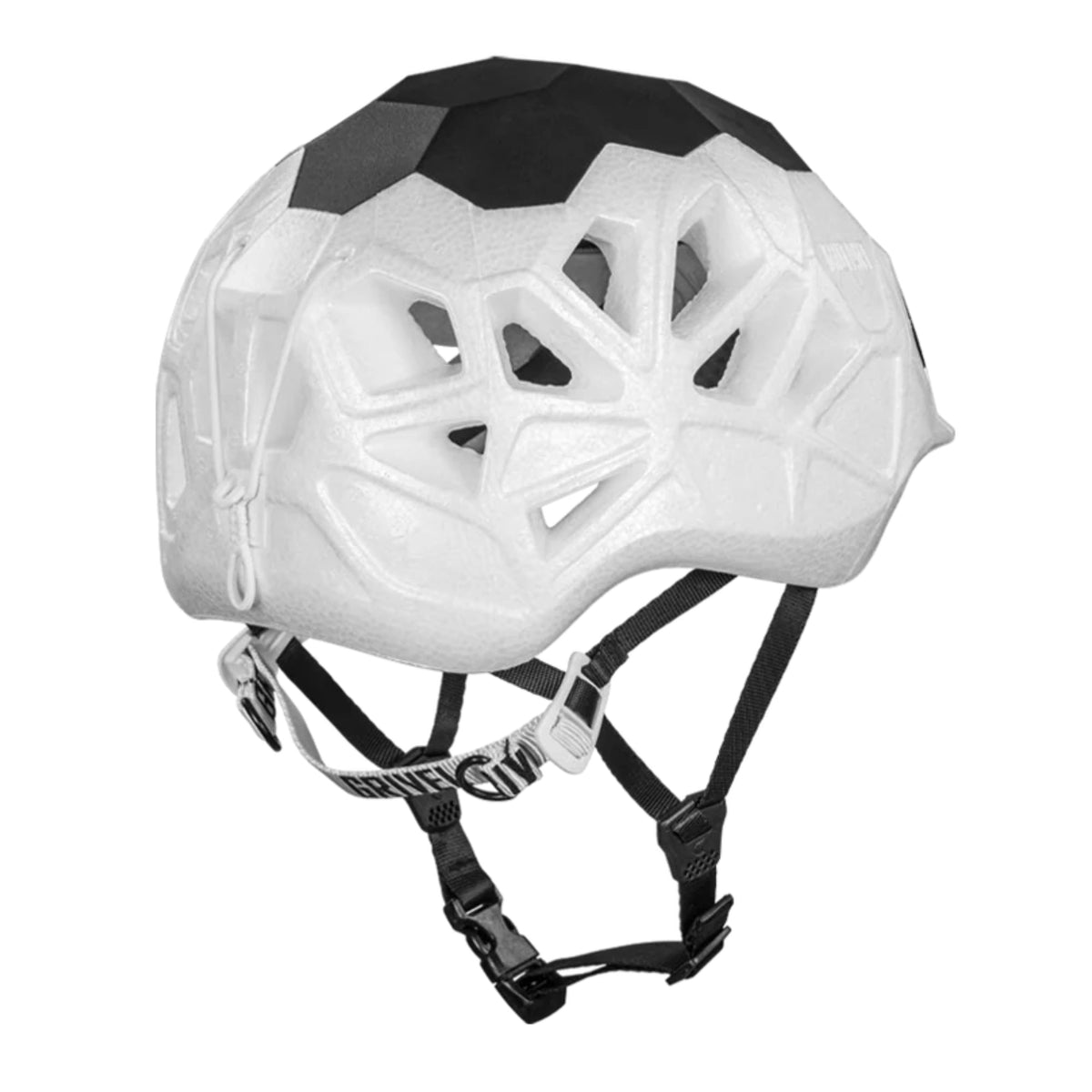White and black geometric-patterned helmet on a white background