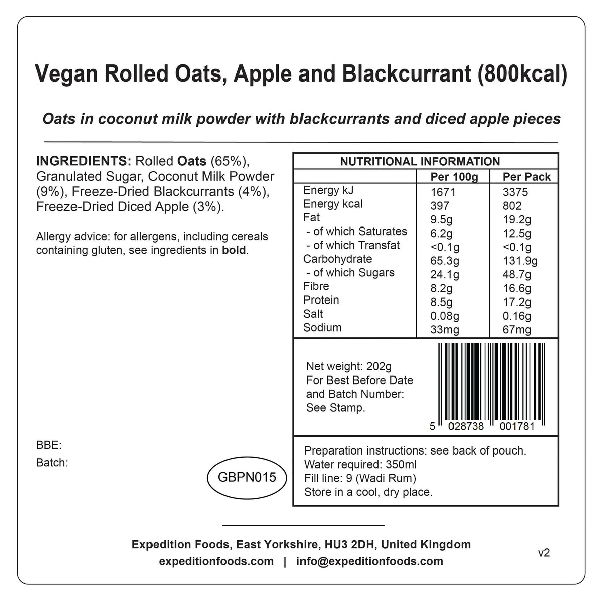 Expedition Foods Vegan Rolled Oats, Apple and Blackcurrant (800kcal)
