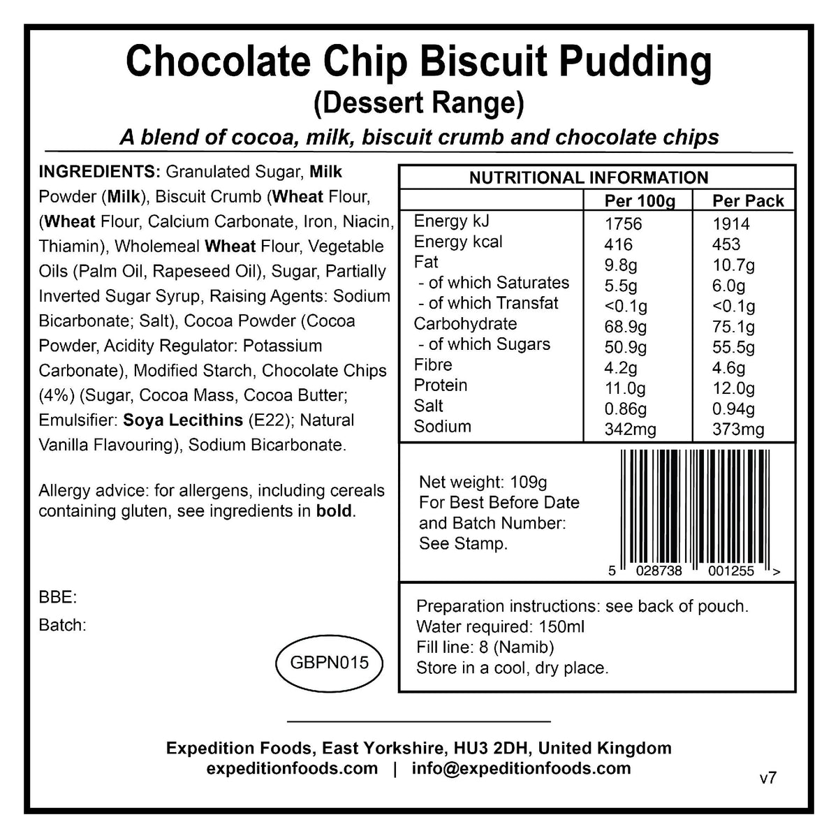 Expedition Foods Chocolate Chip Biscuit Pudding (450kcal)