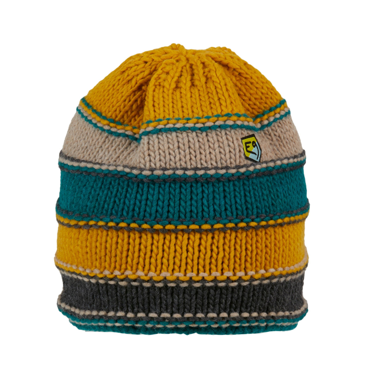 Knitted beanie with color-blocked design on a white background