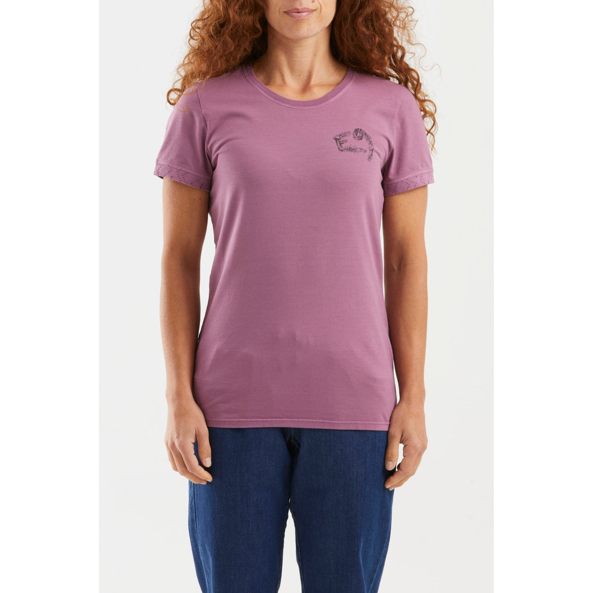 Woman wearing a purple t-shirt with a logo on a white background