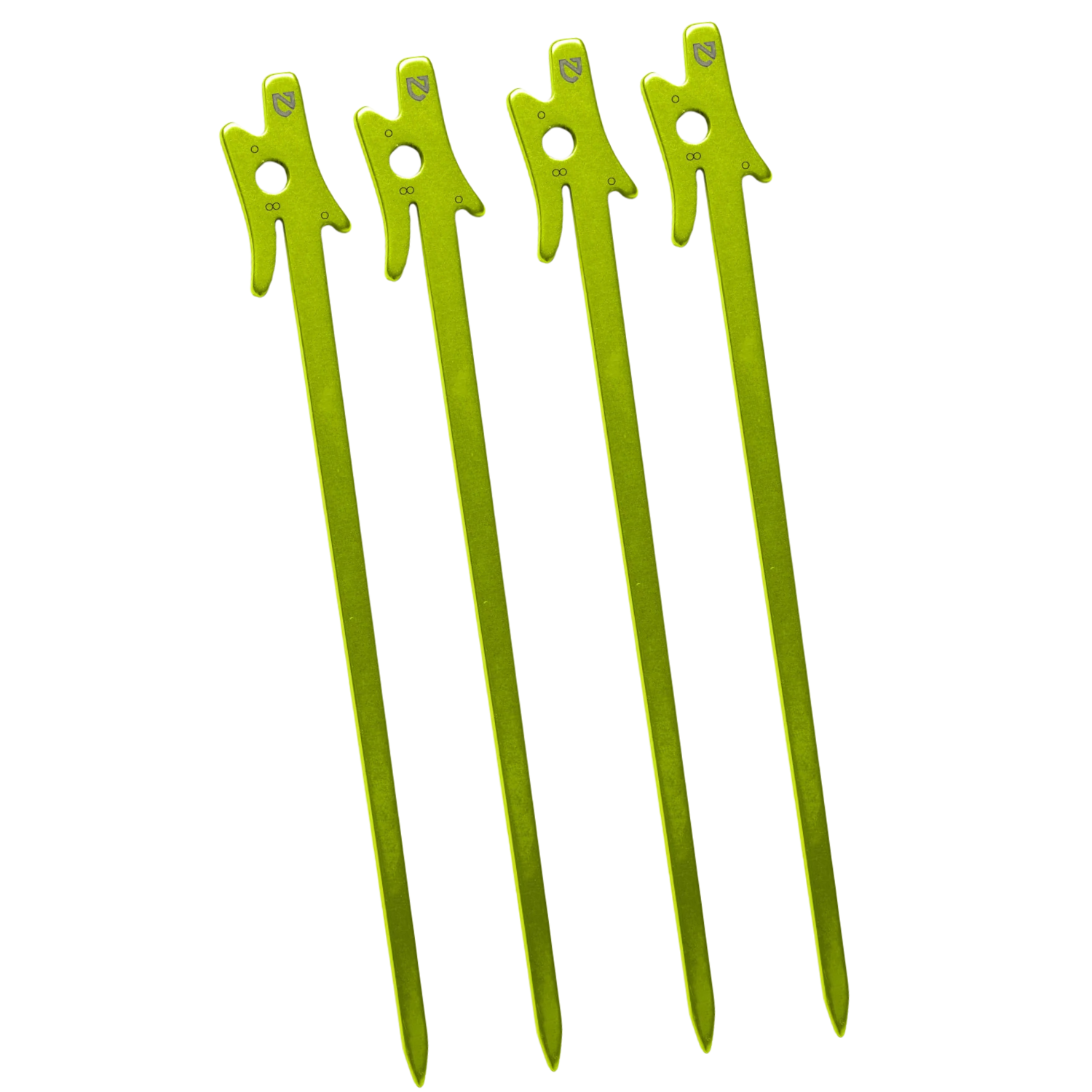 Four green tent stakes on a white background