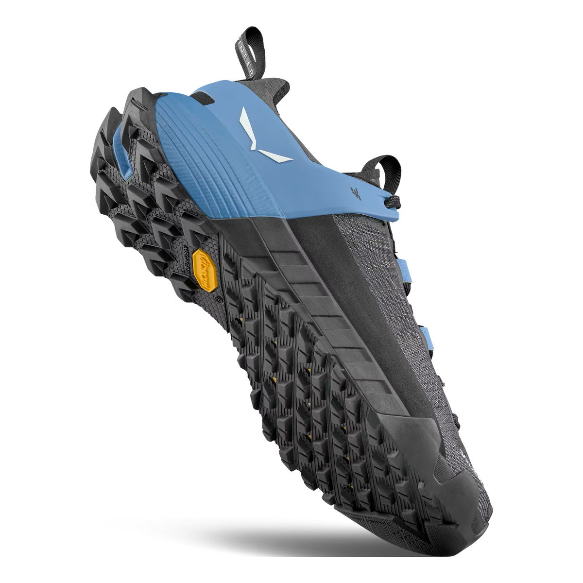 Blue and black athletic shoe with textured sole on a white background