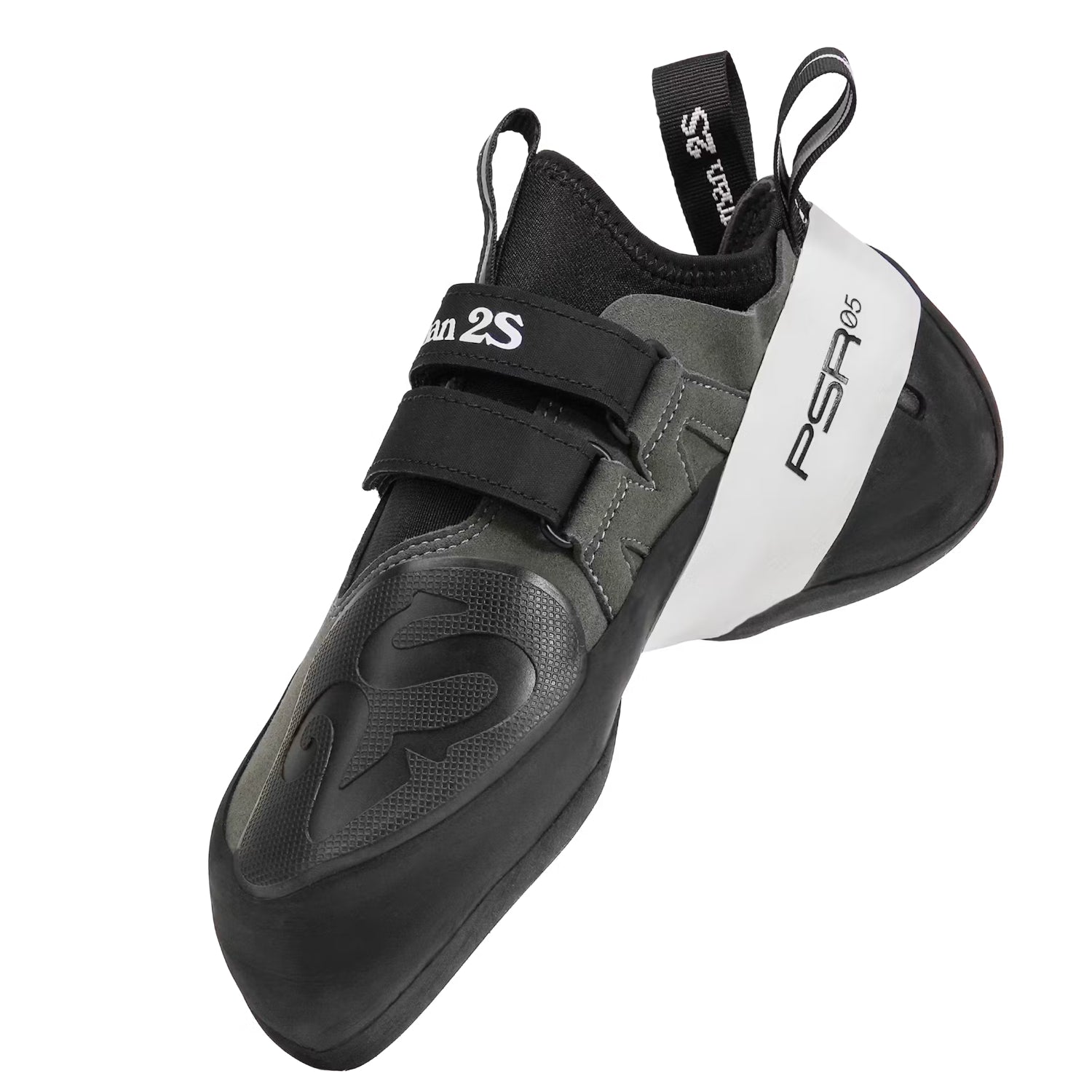 Evolv Shaman 2S climbing shoe in grey, black and white on a white background
