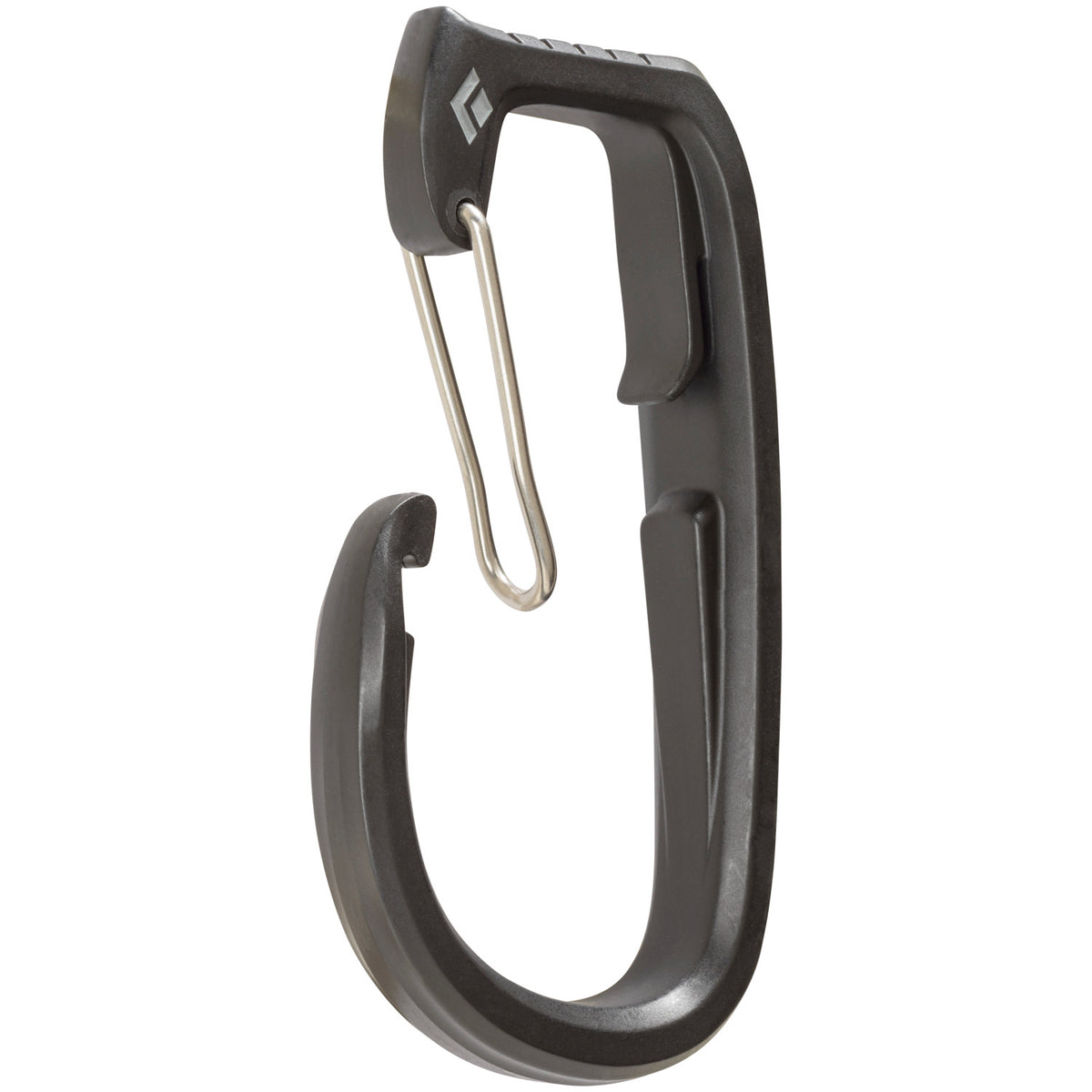 Black carabiner with a silver clip on a white background